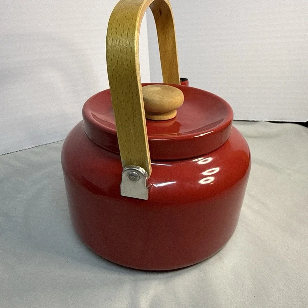 Vintage Mid-Century Modern Red Enamel Stovetop Tea Kettle